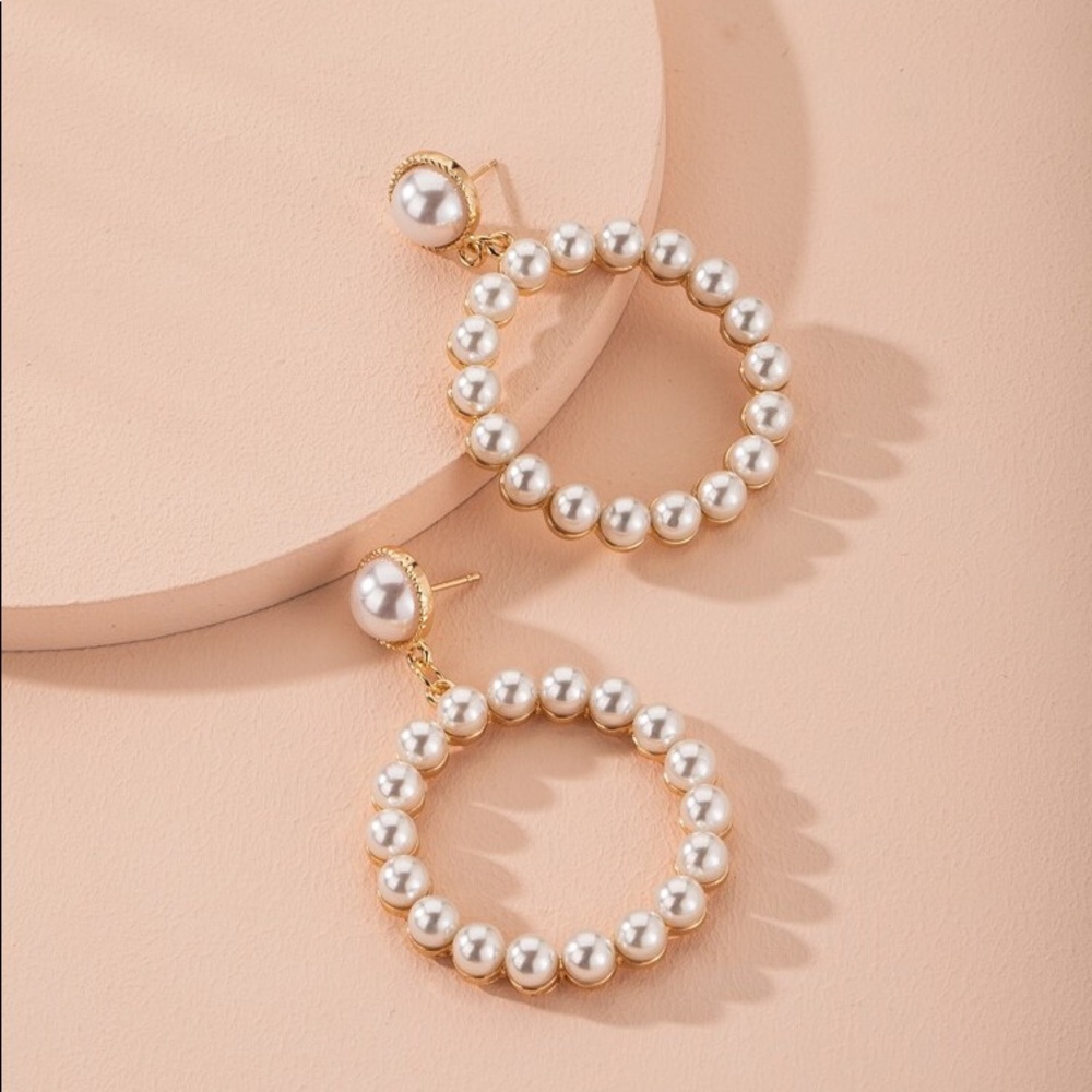 Anthropologie Gold Plated Infinity Pearl Openwork Circle Hoop Drop Earri…